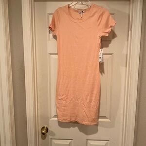 Three Dots Short Sleeve Crewneck Dress in Apricot Ice. Sizes Small and Medium.
